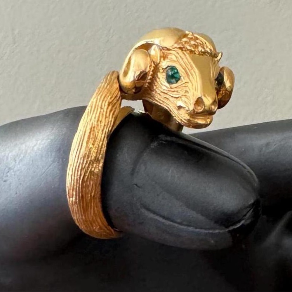 Vintage Crown Trifari 1969 Ram Ring "Something Wild" Collection Gold Tone 7"
